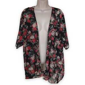 Cherry On Top Kimono Open Front Cardigan Black Floral Red Green Tan Women 1X